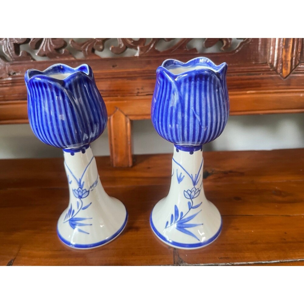 Vintage Delft Blue White Holland Tulip candlesticks